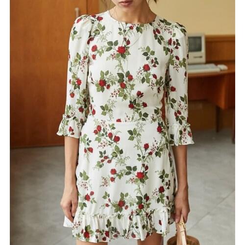 Women Floral Print Ruffle Edged Sleeves Doutzen Dress Mini Dress