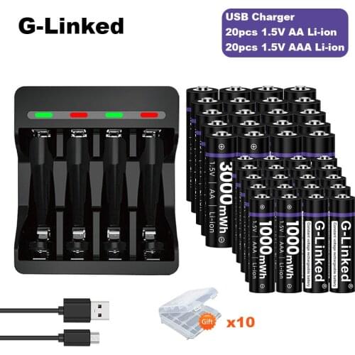 20PCS G-Linked 1.5V AAA+AA Lithium Li-ion Rechargeable Battery+Smart Charger for 1.5v Lithium Li-ion AA AAA Rechargeable battery