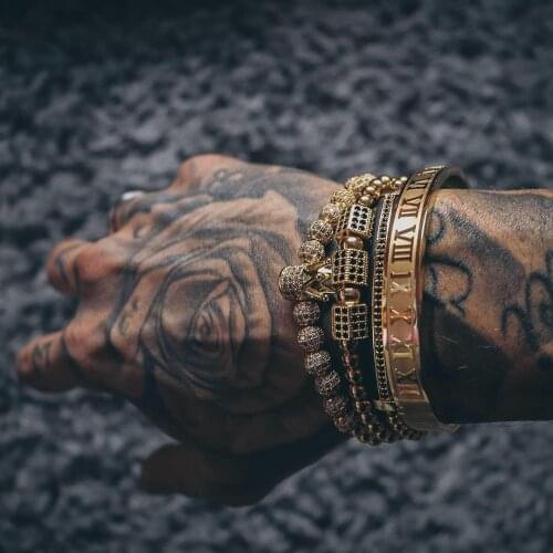 4pcs/set Gold Hip Hop Braided Braiding Bracelet Men Pave CZ Zircon Crown Roman Numeral Bracelet Luxury Jewelry Dropship