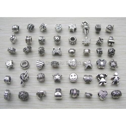 Free shipping 50pcs/lot mix style big hole antique silver plated metal beads alloy charms fit European bracelet jewelry DIY