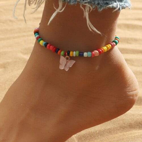Dropshipping Vintage Colorful Beads Anklet for Women Bracelet on The Leg Animal Butterfly Anklet Chain Beach Foot Jewelry