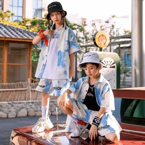 ChildrenS Hip-Hop Clothes Summer Boys Hip-Hop Tie-Dye Blue Loose Streetwear Girls Jazz Performance Costumes Rave Wear DQS7466