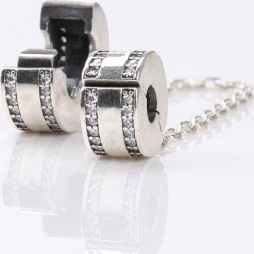 925 Sterling Silver Pave Inspiration Star Safety Chain Clear CZ Stopper Charms Fit Bracelet DIY Bead for Jewelry Making