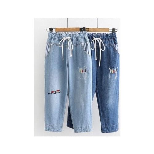 Japanese mori girl jeans preppy style schoolgirl embroidered cowboy wind 7 minutes of pants Fashion women pants