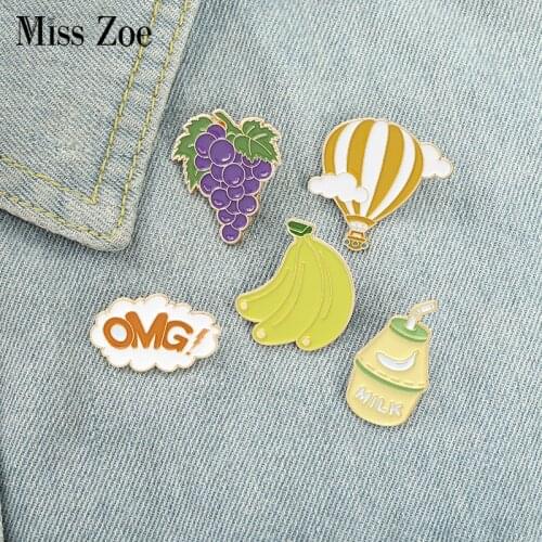 Dessert Time Enamel Pin Custom OMG Grape Banana Milk Balloon Brooch Bag Clothes Lapel Pin Badge Cartoon Food Jewelry Kid Friend