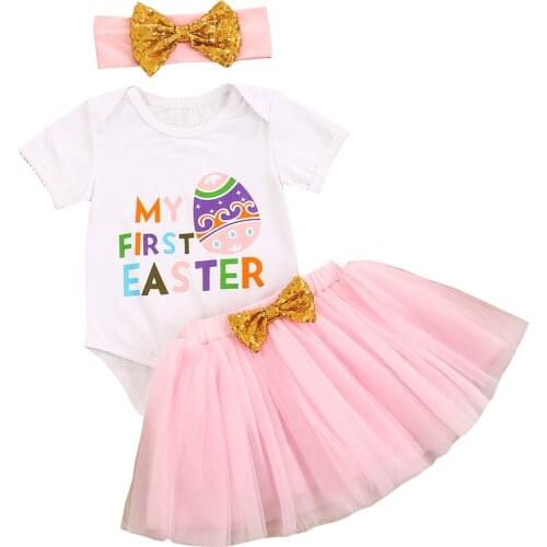 3Pcs Newborn Easter Outfits Baby MY FIRST EASTER Print Short Sleeve Round Neck Bodysuit Bowknot Yarn Skirts Headband