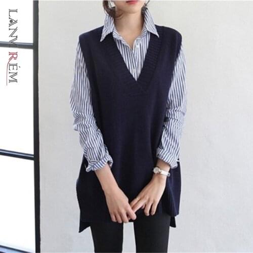 LANMREM 2021 Autumn Korean Knitted Vest Womens Camisole Medium Length Loose V-neck Sleeveless Casual Sweater Pullover 2D6119
