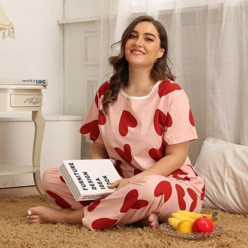 Summer Plus Size XL-4XL Women Love Print O-Neck Short Sleeve Cute Sleepwear Sweet Casual Cotton Sleep Tee Pant Set Pajama