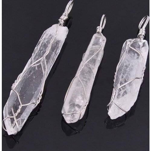 Natural Hexagon Clear Crystal Stone Pendants DIY Handmade Wire Wrapped Suspension Bullet Shaped Pendant D318