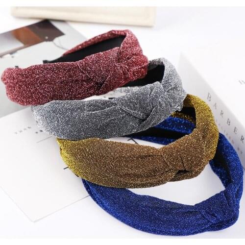 Solid Color hair bows for girls Hairbands glitter lurex Cross Turban Headwear Women Wide Side Plastic Hair Hoop Band Accessories