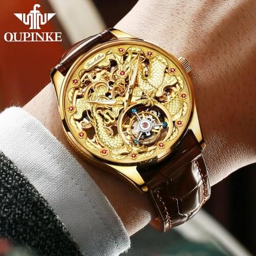 OUPINKE Mens Mechanical Dragon Watches Real Tourbillon Watches Skeleton Sapphire Leather Men Watches Luxury Business Clock 3176