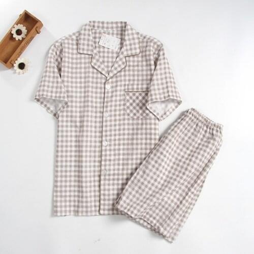 Mens Short-sleeved Summer Cotton Yarn Nightwear Plaid Turn-down Collar Men Pajama Sets Plus Size Pijama Pajamas Sleeping Suits