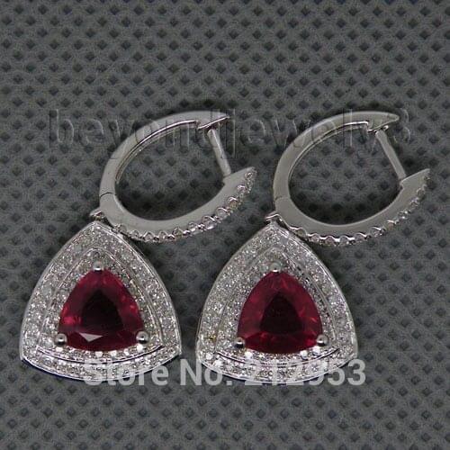 Trillion 6mm Diamond Ruby Earrings, 14k White Gold Real Diamond Drop Earrrings For Women, Diamond Ruby Jewelry ESR005