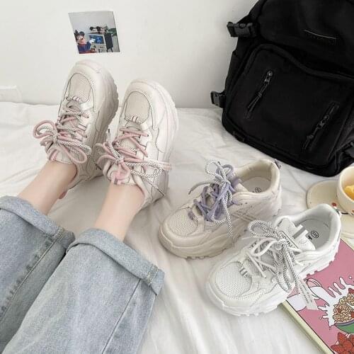 2021 Spring And Autumn All-Match College Style Thick-Soled Mesh Breathable Lace-Up Ladies Casual Sports Shoes Running Shoes
