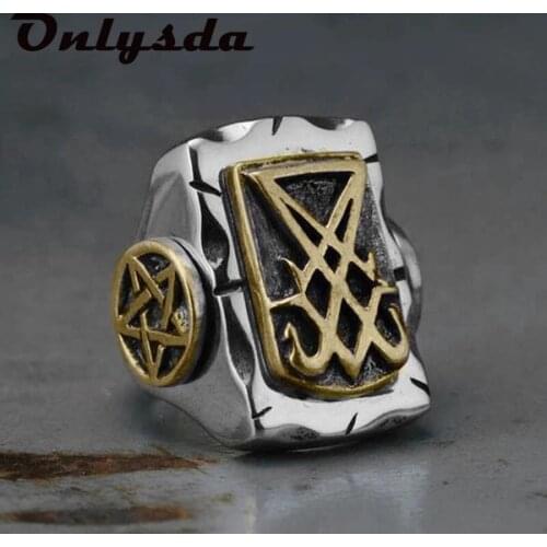 Vintage Sigil Lucifer Rock Ring 316L Stainless Steel Baphomet Pentagram Seal of Satan Rings for Men Male Punk Jewelry OSR909
