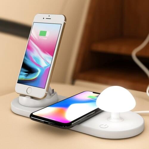 10W Multi Port USB Charger Mushroom Night Lamp USB Charging Wireless Charger Micro IOS and Type-c for iPhone Samsung and Tablet