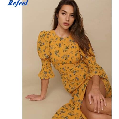 Yellow Retro Floral Print Midi Dress Women Elegant Slim Evening Party Dress Woman Elastic Flare Sleeve Ladies Dresses