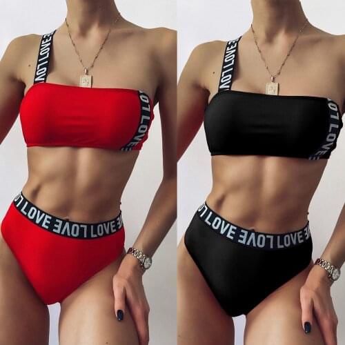 Women Sexy Swimwear Tube Top One Shoulder Bikini Letter Love Printing Swimsuit 2021 New Two-Piece Split Swimming Beachwear Suit