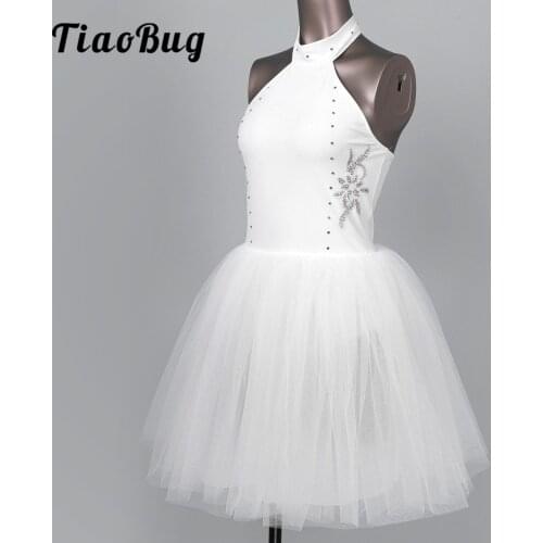 Women Sleeveless Sequin Sparkly Halter Ballet Skirted Leotard Dance Tutu Dress