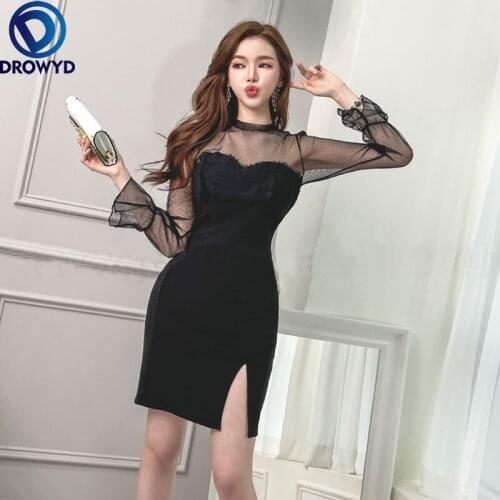 Fashion Patchwork Lace Dresses for Women 2021 Summer Elegant Flare Sleeve Dress Sexy Side Split Party Black Dress Ladies Vestido