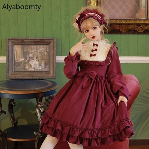 Japanese Lolita Style Women Princess Party Dress Ruffled Collar Bow Wine Red Adorable Dress Winte Red Layered Ruffles Cute Dress