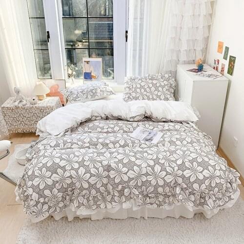 100% Cotton Soft Cozy Floral Printing Princess Girl Bedding Set Ruffle Duvet Cover Bed Sheet Bed Skirt Pillowcases 4Pcs