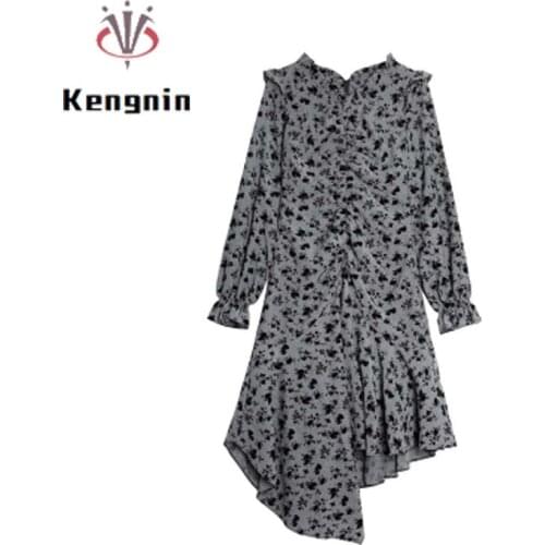 2021 Spring Womens Dress Korean Japan Chic Vintage Lady Vestidos Print Ruffles Female Clothing Asymmetrical Oversize Dress KE85