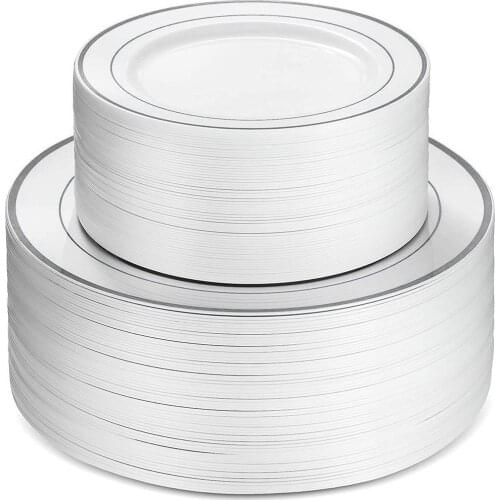 50Pcs Food-Grade Plastic Dinner Plates Silver And Gold Rim 25pcs 6-Inch Dinner Plates And 25pcs 9-Inch Salad Plates For Party