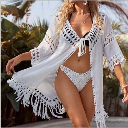 Free Shipping Sexy Fashion Women Summer Beach Bikini Blouse Female Tassel Bandage Swimwear Holidays Sunscreen Knitted Dress