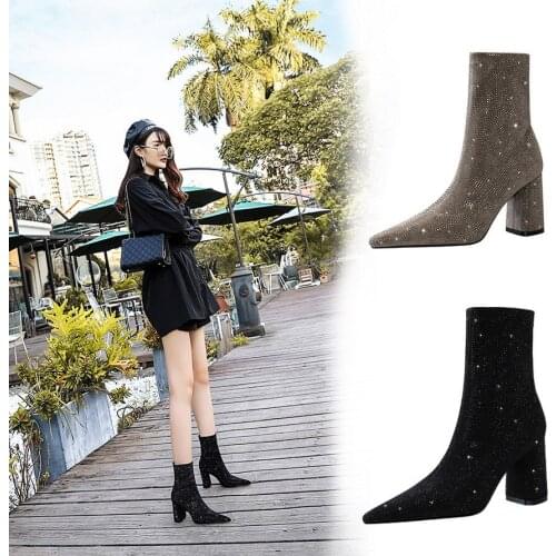 High Heel Boots Korean Fashion Banquet Short Boots Are Thin Sexy Pointed Thick Heel Suede Shiny Rhinestone Short Black Boots 39