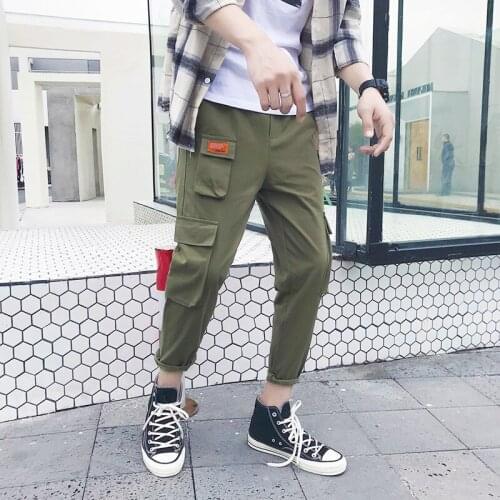 Mens Cargo Pants Hip Hop Loose Multi pocket Solid Color Leisure pants Fashion Elastic Joggers Street attire Harajuku Sweatpant