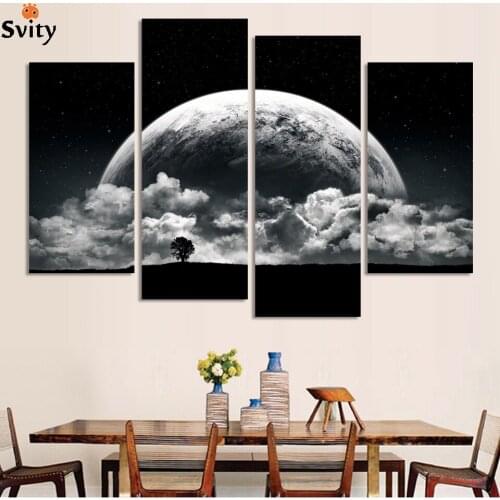 Black and white Printed close planets Universe 4 piece painting wall art childrens room decor poster canvas Free shipping