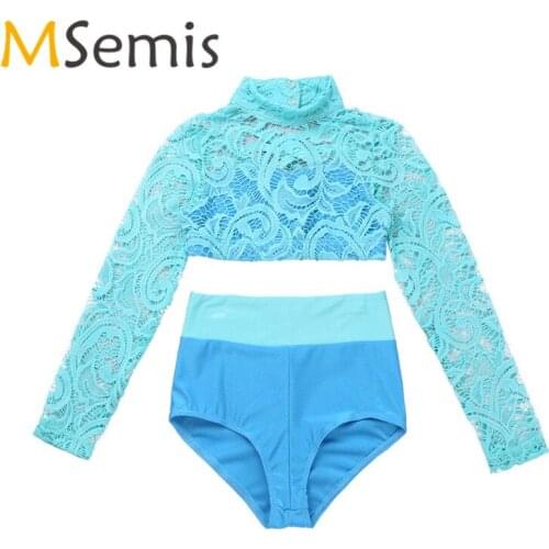 Kids Girls Gymnastics Leotard Swimsuit for Dancing Ballet Crop Top with Briefs Mock Neck Dance Top Set for Stage Performance