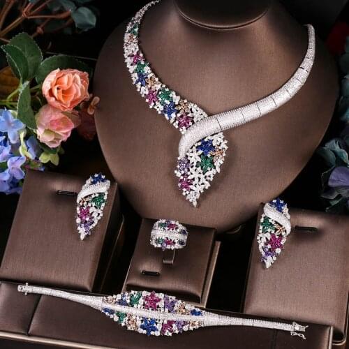 Janekelly 4pcs Bridal Zirconia Full Jewelry Sets For Women Party, Luxury Dubai Nigeria CZ Crystal Wedding Jewelry Sets