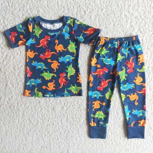 2021 Dinosaur Designer Pajamas Baby Boys Sleep Wear Outfits Short Sleeves Long Pants Boutique Purple Designer Outfits