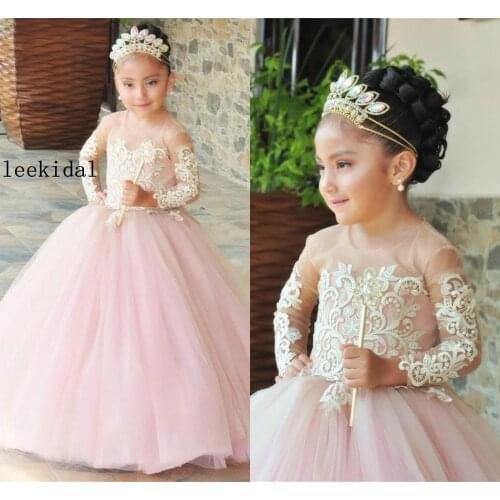 Cute Blush Wedding Guest Dress For Little Girl Pink Tulle Ivory Lace Illusion Applique Long Sleeves Princess Flower Girl Dress