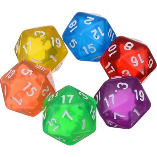 New 6pcs set Mixed color Clear D20 20 Sided Dice 20 face Digital Dice Set for Games Board Gaming Dice Set