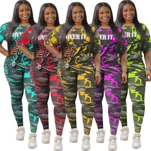 Wholesale Clothing Women Sets Camo Short Sleeve Top and Pants Set Leggings Two Piece Track Suit Plus Size Outfits Dropshipping