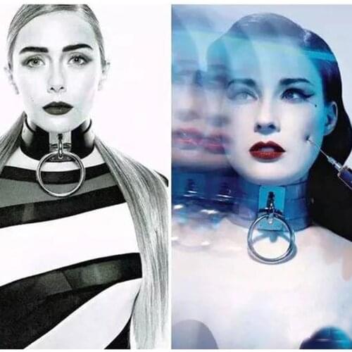 Oversized Handmade Punk Rock BDSM Collar Leather Layer O Round PVC Vinyl Clear Gold Choker Necklace Big Large