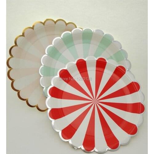 Striped Design Party Paper Plates Gold Silver Candy Food Salad Plates for Baby Shower Party Dinner Decor Pink Mint Red(7"&9")