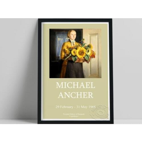 1968 Vintage Exhibition Poster, Michael Ancher A Girl With Sunflowers Canvas Painting, Danish Realism Wall Stickers Home Decor
