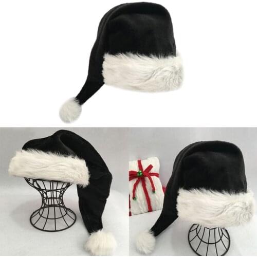 Adult Kids Black Plush Long Christmas Hat Holiday Xmas Costume Pompom Santa Claus Cap Festival Party Props Decoration Gifts