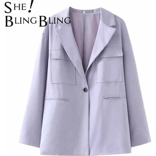 SheBlingBling Za Woman 2021 Traf 2 Piece Set Female Suit Single Button Purple Loose British Blazer+Chic Long pants Jacket Coats