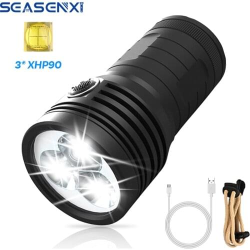 SEASENXI Super Bright LED Flashlight 3*XHP90 Searchlight Flashlight Built-in 4*18650 Battery Power Bank Rechargeable Lamp