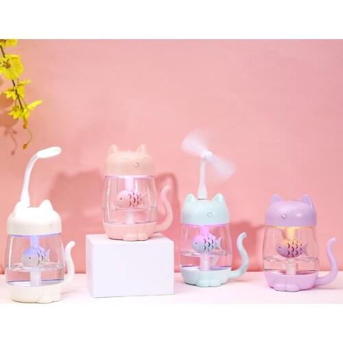 3 in 1 350ML USB Cat Air Humidifier Ultrasonic Cool-Mist Adorable Mini Humidifier With LED Light Mini USB Fan for Home office