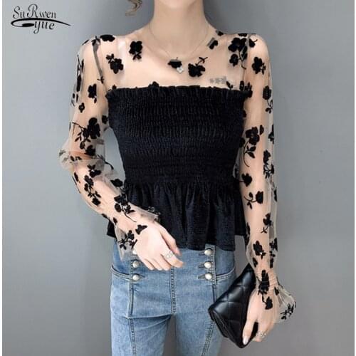 Spring new style puff sleeve black mesh sexy lace bottoming shirt velvet waist tight-fitting shirt fashion 12771