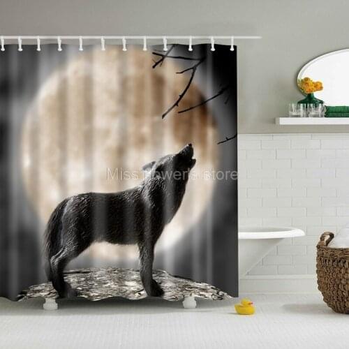 Moon Night Sky Howls At Wolf Pattern Design Custom Shower Curtains Bathroom Waterproof Mildew Polyester Fabric + 12 Hooks