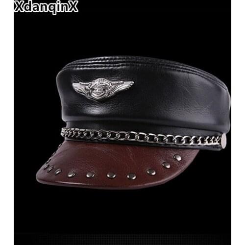 XdanqinX Genuine Leather Cap Elegant Flat Caps For Men Women Cowhide Military Hats Personality Hip-hop Brands Caps Snapback Cap