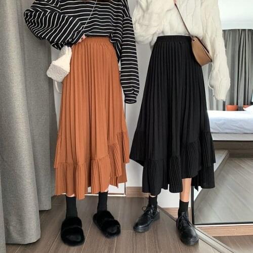 Bella philosophy 2020 Spring Korean Skirt Women High Waist Asymmetrical Midi Elastic Pleated Skirts Female Casual Fashion Tide