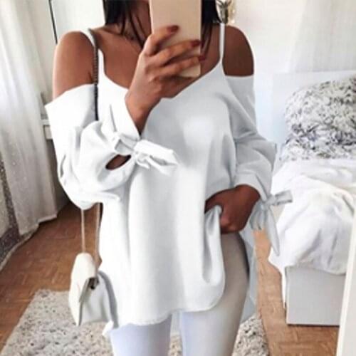 Women Long-Sleeve Shirts Summer Autumn Casual Solid Shirts Sexy Sling Off Shoulder V-Neck Loose Bow Tie Sleeve Tops